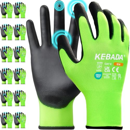 Kebada Work Gloves for Men & Women, Touchscreen, PU Coated, W1, 12 Pairs | Green, Size 11/XXL, breathable knit, secure grip, safety gloves for gardening, mechanics, warehouse, driving & construction