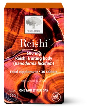 New Nordic Reishi Mushroom Supplement, 600mg Per Tablet, Vegan, 30 Tablets | Ergothioneine Antioxidant Amino Acid, 100% Fruiting Body Extract, Clean Ingredients, Vegan, No Fillers