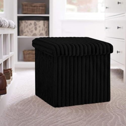BLOOM BLENDS Ribbed Velvet Storage Ottoman Box – Foldable, Stylish & Multi-Purpose Seat with Lid | Available in 5 Colours | Bedroom, Living Room, Entryway (Black, Small (38x38x38))