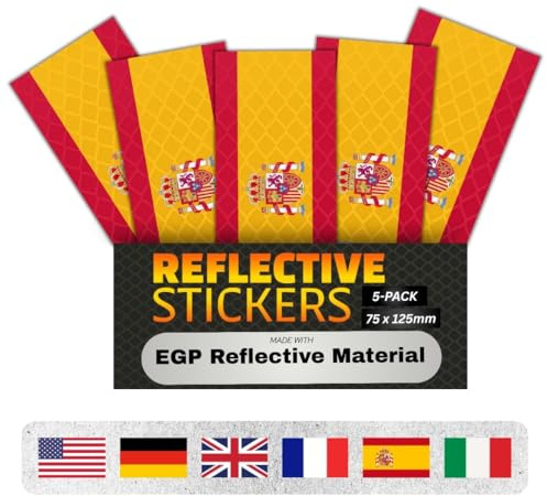 DIN EN 12899/ASTM D4956 Fabricado con EGP Reflector Flag Pegatinas impermeables niños moto bicicleta pegatinas autoadhesivas camiones remolque coche (bandera de España, 75 x 125 mm, juego 5)