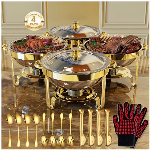 Set di scaldavivande rotondi per buffet, 4 pezzi, scaldavivande e scaldavivande da buffet, con 2 guanti resistenti al calore, 4 cucchiai, 4 cucchiai scanalati e 4 pinze, scaldavivande dorati, per