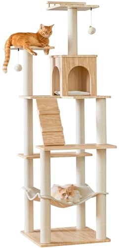 Quuzee Large Modern Cat Tree - 178 cm Tall Cat Tower for Indoor Cats, Multi-Level Cat Condo with 7 Fully Wrapped Scratching Posts,2 Spacious Perches, Hammock, Cozy Pad & Dangling Balls-Light Brown