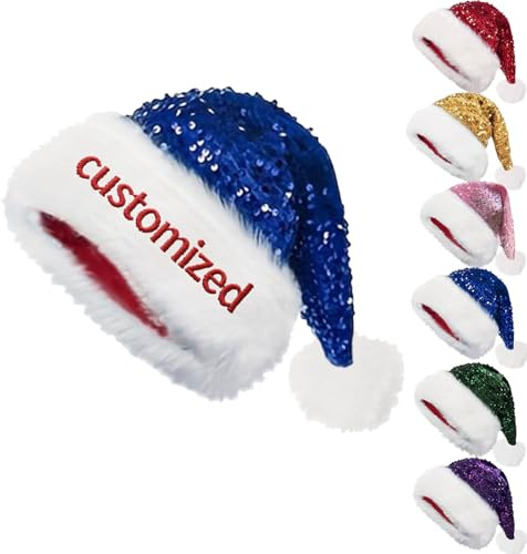 Generisch Custom Weihnachten Pailletten Santa Hut, Personalisierte Funkelnde Weihnachten Pailletten Hut mit Namen für Erwachsene, Weihnachtskostüm Fancy Kleid Zubehör
