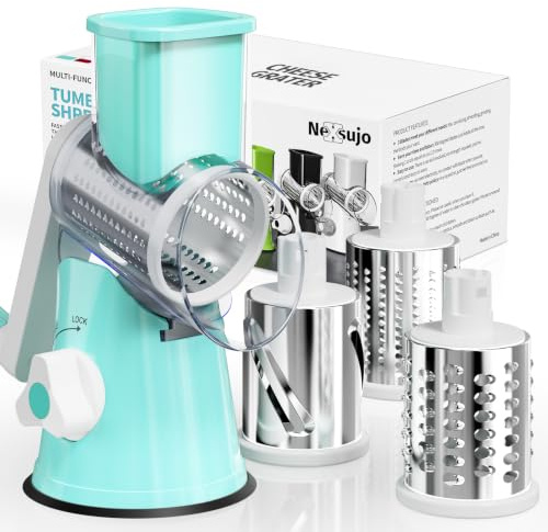 Nexsujo Rotary Cheese Grater Hand Crank, 3 Blades Slicer Shredder, Cheese Grater for Kitchen, Multi-Functional Kitchen Tool for Vegetables, Nuts, Chocolate, with Strong Suction Base, Blue