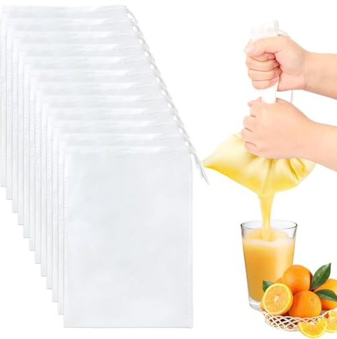12 Piezas Cheese Cloth, Colador Tela, Colador de Tela de Algodón Sin Blanquear con Cordón, Bolsas de Malla Fina Lavables para Leche de Frutos Secos, Zumo de Frutas