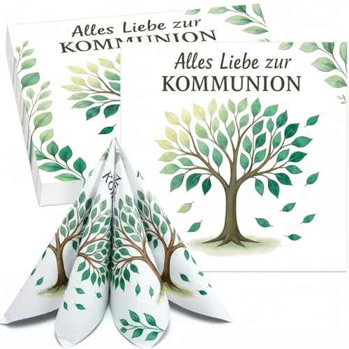 Nezyo 50 Stück Servietten zur Kommunion und Taufe 33 x 33 cm, Grün | Tischservietten für Erstkommunion, Konfirmation und Taufe, 2 Lagige Servietten, Mit Lebensbaum-Motiv, Tischdeko