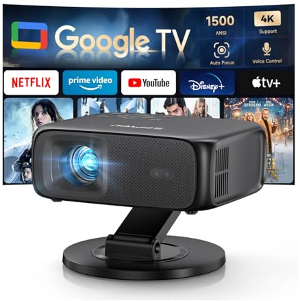 SOPYOU 1500ANSI Google TV Smart Projector, Auto Focus & Keystone,with Stand | For Office Presentations, Classroom Teaching, Outdoor Camping & Family Theater, Built-in WiFi Bluetooth, 360° Rotatable Stand