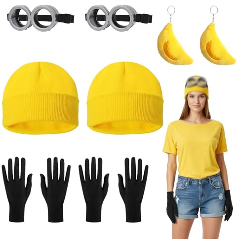 Gelbes Kostüm Set Erwachsener Karneval Halloween Kostüme Hut Handschuhe Schutzbrille Knöpfe Rock Hosenträger Bananen-Schlüsselanhänger Gelbes Kostüm für Halloween Karneval Cosplay