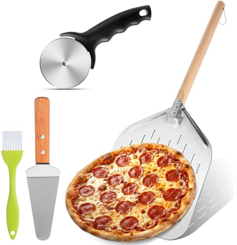 BAIEGOED Wood Handle Pizza Peel Set with Cutter, Brush & Turner - Professional Pizza Oven Tools for Baking Pizza, Dough, Bread & Pastries at Home, Baker's Essential Kit