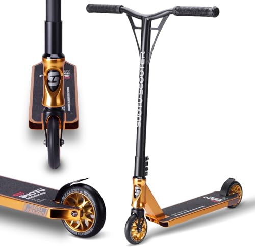 SUOTU Professioneller Stunt Scooter, 360° Lenkung, Stunt Roller mit 110mm 85A PU Räder, Stand Roller für Kinder Jugendliche und Erwachsene, Tragfähigkeit: 100 kg, Aluminium (Schwarz – Gold)