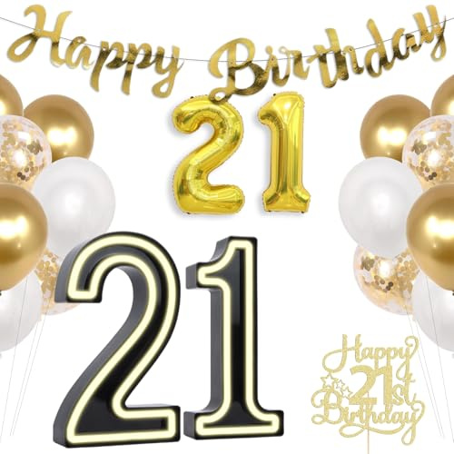 Light Up 21 Numbers, Marquee Number Lights Sign for Birthday, 21st Birthday Decorations with Gold & White Balloons, for Birthday, Night Light, Anniversary, Wedding Home Bedroom (21st)