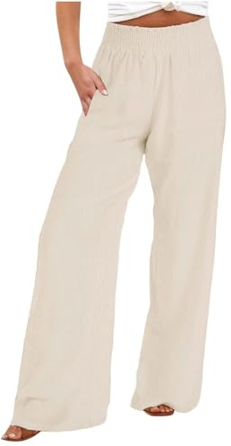 Leinenhose Damen Sommer,Weites Bein Leicht Palazzo Hose Locker Stoffhose Einfarbig Freizeithose mit Taschen Elastisch Hohe Taille Gerade Hose Sommerhosen Damen Leicht und Luftig für Strand und Urlaub