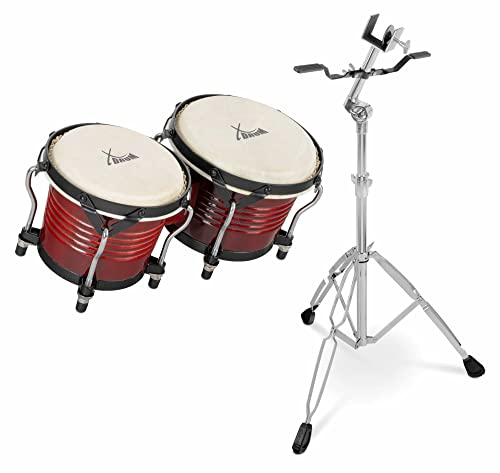 XDrum Bongos Pro Weinrot - 2 Trommeln mit 6,5 (17 cm) und 7,5 (20 cm) Durchmesser - Bongotrommeln mit stimmbaren Naturfellen, Stimmschlüssel und Ständer - Holztrommeln Rot