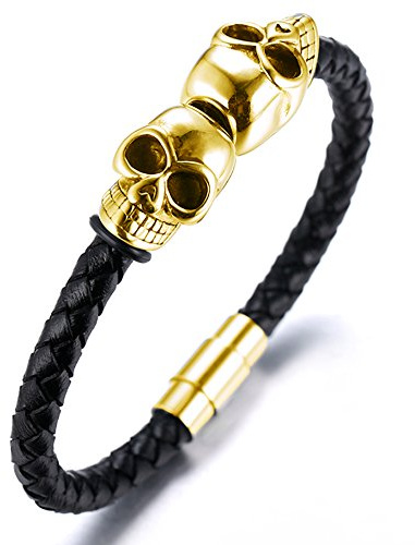 HALUKAKAH ● Tueur ● Homme Bracelet Noire/Argent/Doré Tête du Mort Titané Cuir Véritable Fermoir Magnétique 21.5CM avec Le Boîte-Cadeau Gratuit