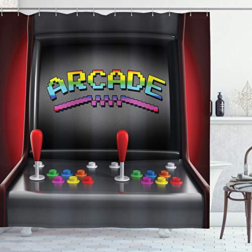 ABAKUHAUS Retro Duschvorhang, Arcade Retro Fun, Stoffliches Gewebe Badezimmerdekorationsset mit Haken, 175 x 200 cm, Rot Grau