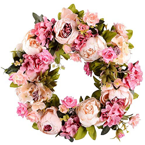 WOVELOT Artificial Flower Wreath Wreath - 16inch Spring Wreath Round Wreath For The Front Door, Wedding, Home Decor