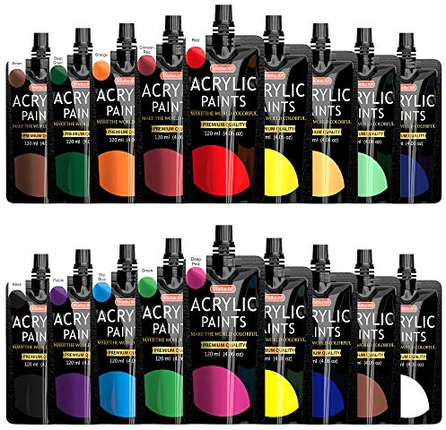 Shuttle Art Acrylfarben Set, 18 x 120ml Acrylfarben in Beutel, Quetschbeutel, Künstlerqualität, für Erwachsene, Künstler, Erwachsene auf Steine, Leinwand, Holz, Stoff, Tontöpfe geeignet