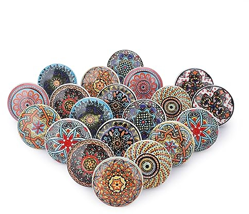 Ajuny Mehrfarbige Handgefertigte Keramikknöpfe im Vintage Look mit Blumenmuster Türgriffe für Küchenschränke Schubladen Möbel Schrankgriffe Indisch Handbemalt Glänzende Oberfläche 20er-Set