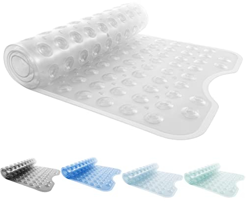 ANSIO® Long Bath Mat PVC Non-Slip Anti Mould bath Mat with Drain Holes & Suction Cups Machine Washable 100 cm x 39.4 cm / 40 x 15.7 Inches - Clear