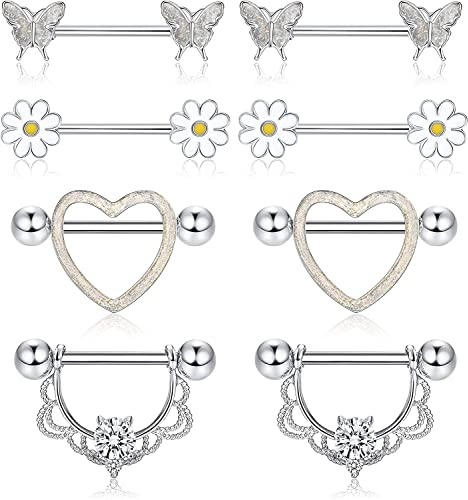 LOLIAS 4 Paar 14G Nippelringe für Frauen 316L Edelstahl Herz CZ Blume Schmetterling Langhantel Nippel Set Niedlicher Nippel Piercing Schmuck