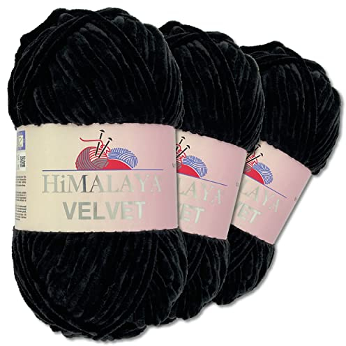 Wohnkult Himalaya 3 x 100 g Velvet Dolphin Wolle 40 Farben zur Auswahl Chenille Strickgarn Flauschwolle Glanz Accessoire Kleidung Decken (90011 | Schwarz)
