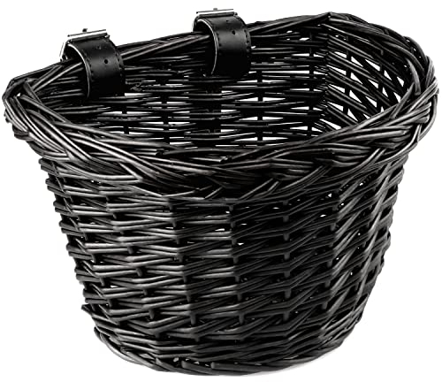 AVASTA Wicker Bicycle Basket for 12, 14, 16 Bicycle, Scooter, Tricycle, Supplied with Leather Strap, Size XS, Black