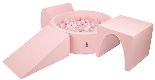 KiddyMoon Spielplatz Aus Schaumstoff Mit Rund Bällebad (300 Bälle) Ballgruben Für Babys Spielbad Hindernisläufen, Hergestellt In Der EU, Pink:Puderrosa/Perle/Transparent