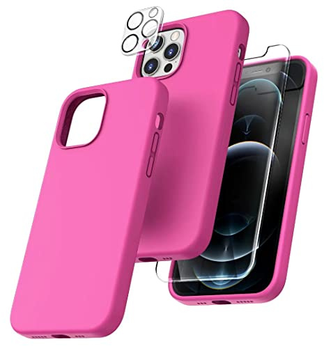 TOCOL Cover Compatibile per iPhone 12 Pro Max 5G, 2 Pezzi Pellicola Protettiva in Vetro Temperato 2 Pezzi Vetro Fotocamera Antiurto, Custodia Cover Sottile in Silicone Liquido Antiurto,Rosa Rossa