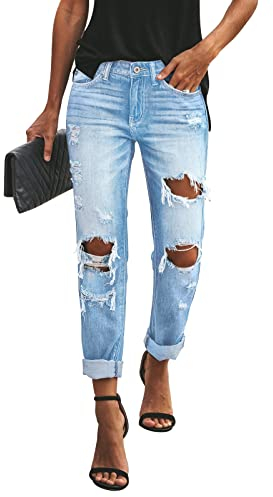 KUNMI Damen Boyfriend-Jeans, gerissen, mittleren Taille, lockere Passform, dehnbar, Denim-Hose, 1010-hellblau, S