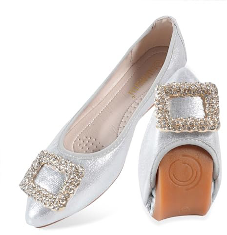 MACHSWON Women's Ballet Flats Sparkly Rhinestone Wedding Ballerina Shoes Foldable Portable Comfort Slip on Flat Walking Shoes(Silver, Size 8.5)