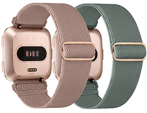 Adepoy 2 Packs Elastic Compatible with Fitbit Versa 2 Straps, Braided Nylon Sports Replacement Band for Fitbit Versa 2/Versa/Versa Lite Straps, Women Men （DarkPink+Green）