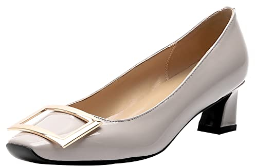 Lizoleor Damen Blockabsatz Formal Closed Toe Ohne Verschluss Lack Kleid Schuhe Buro Elegant Abend Retro Mitte Absatz Pumps Bridal Grau Gr 34 EU