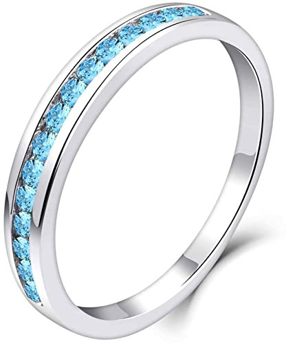 YL Damen Ewigkeitsring 925 Sterling Silber Schliff März Geburtsstein Aquamarinblau Jahrestag Verlobungsring(Größe 54)