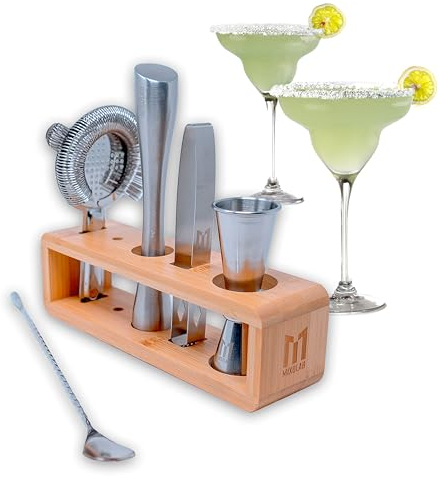 Essential Barware Set Tools for Mixologists and Pro, 5-Piece Premium Grade Stainless Steel Tools with Bamboo Stand, Double-sided Japanese Jigger, Hawthorne Strainer, Mixing Spoon, Muddler and Ice Tong