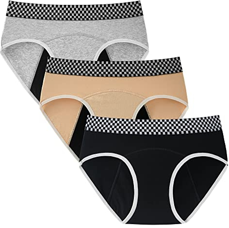 INNERSY Periodenunterwäsche Teens Menstruation Unterwäsche Mädchen Period Panties Baumwolle 3 Pack (10-12 Jahre, Schwarz+Beige+Grau)