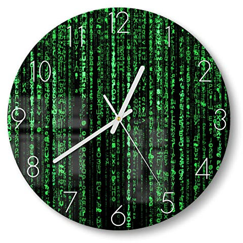 DEQORI Glasuhr | rund Ø 30 cm | Motiv Verschlüsselter Code | ausgefallene leise Design Uhr aus Glas | Wanduhr für Wohnzimmer & Küche | Moderne Hingucker Uhr für die Wand