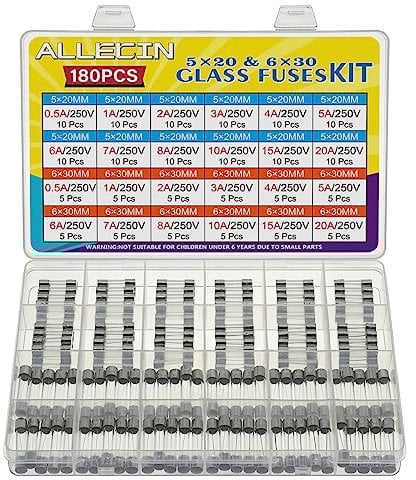 ALLECIN 24 Valores Kit Surtido de Fusibles de Vidrio de Fusión Rápida 250V F 0,5A 1A 2A 3A 4A 5A 6A 7A 8A 10A 15A 20A 5x20MM 6x30MM 0,5 1 2 3 4 5 6 7 8 10 15 20 A Fusible de Cristal Glass Fuse