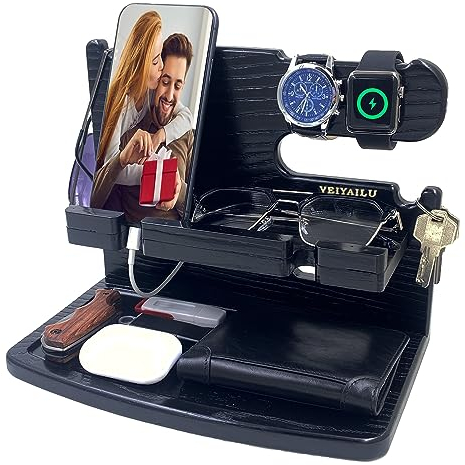 VEIYAILU Nachttisch-Organizer, Geschenke für Männer, Holz-Dockingstation, Handyhalterung für iPhone, iPad, Geschenkideen für Vatertag, Weihnachten und Valentinstag