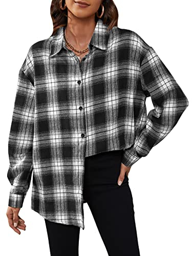 GORGLITTER Damen Kariertes Hemd Blusen Karo Muster Overshirt mit Plaid Boyfriend Hemdbluse Karohemd Button-down Langarm Blusenshirt Schwarz und Weiß M