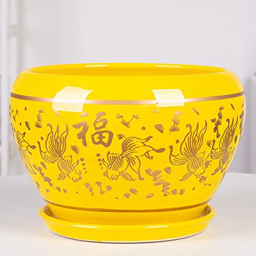 GImLY Runder, gelb glasierter Keramik-Sukkulenten-Pflanztopf, Zimmerpflanzen, Bonsai-Behälter, moderner dekorativer Pflanzer mit Drainagelöchern, glasierter Blumentopf im chinesischen Stil