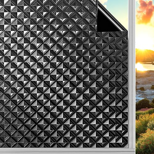 Qualsen Total Blackout Window Film Privacy, 3D Grid Patterned Privacy Film for Glass Windows Opaque Non-adhesive Static Cling, UV Protection Black Out Window Cover for Home Office Bedroom, 60x200cm