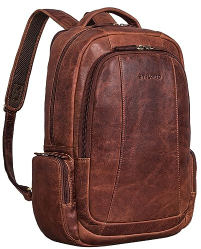 STILORD Waldo Leder-Rucksack mit vielen Fächern und Laptopfach 17,3 Zoll Damen und Herren Cognac Echtleder ideal für Reisen Arbeit Business und als Tagesrucksack