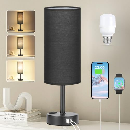 Kakanuo Nachttischlampe Touch Dimmbar mit USB A+C-Anschluss+Steckdose LED Birne, Tischlampe mit Ladefunktion, Lampenschirm aus Leinenstoff, Kleine Lampe für Wohnzimmer Schlafzimmer Kinderzimmer Büro
