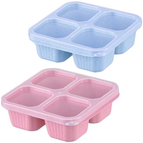 Dafape Cajas de Bocadillos Bento, Fiambrera Reutilizable Contenedores de Almacenamiento de Alimentos de 4 Compartimentos con Tapa Viaje de Trabajo Plato a Prueba de Fugas Juego de 2 (Azul y Rosa)