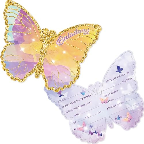 Tixlux 12 Einladungskarten zum Kindergeburtstag, 12 x 10 cm Schmetterlingen Einladungskarten, Geburtstagseinladungen für Mädchen und Jungen, Geburtstagseinladungen Kinder Geburtstagsfeier Kinderparty
