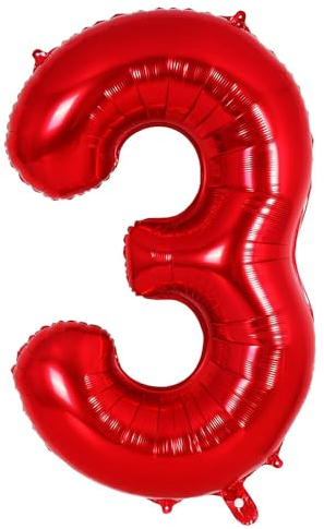 Ponmoo Foil Palloncini Numeri 3 Rosso 40 (101cm), Gonfiabili Elio o Aria, Gigante Numero 0-9, 10-29, 30-100, Granda Palloncino per Anniversario, Decorazione Feste di Compleanno