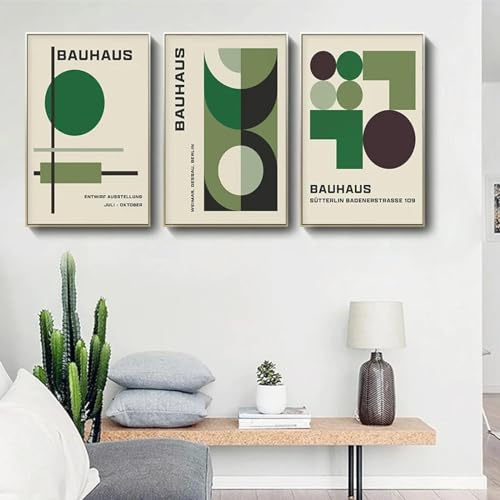Bauhaus-Wand Bilder aus der Mitte des Jahrhunderts modernes grünes Muster Leinwandgemälde abstraktes Poster Kunstdruck Bild Wohnzimmer Inneneinrichtung Heimdekoration 50 x 70 cm x 3 ungerahmt