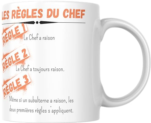 Gwenmode Mug Les règles du Chef - Cadeau collègue supérieur cadre Manager Humour - Fabriqué en France - Qualité supérieure - Tasse AAA