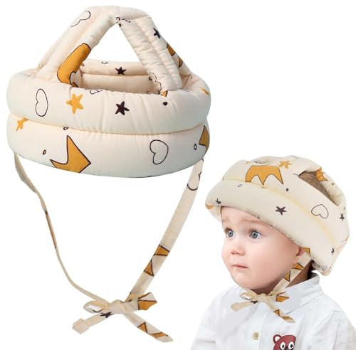 Baby Helm Schutzhelm Säugling Kleinkind Kinder 360° Anti-Kollision Kopfschutzkappe Schutzhut Baumwolle Hut Kopfschutzmütze Verstellbarer Kopfschutz für 5 bis 24 Monate Baby (Beige)