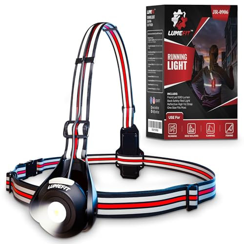 LUMEFIT Lauflicht mit Reflektoren, ideal zum Joggen und Laufen, mit 800 Lumen FrontTaschenlampe, 120° verstellbar, Laufgürtel mit rundum-Reflektoren, rotes Rücklicht, mit Akku (Rot - JR-0906)